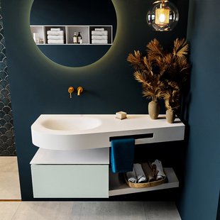 MONDIAZ RIVA 120cm badmeubel onderkast / planchet kleur Greey met 1 lade. Wastafel DULCET links 0 kraangaten kleur Talc.