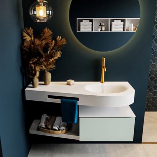 MONDIAZ RIVA 120cm badmeubel onderkast / planchet kleur Greey met 1 lade. Wastafel DULCET rechts 1 kraangat kleur Talc.