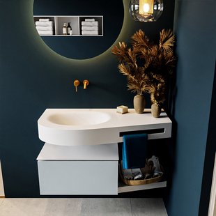 MONDIAZ RIVA 100cm badmeubel onderkast / planchet kleur Clay met 1 lade. Wastafel DULCET links 0 kraangaten kleur Talc.