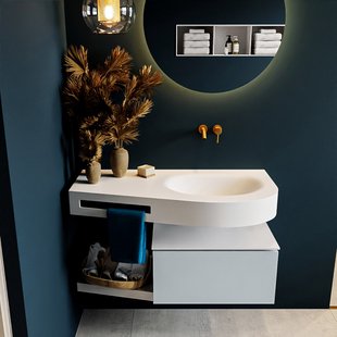 MONDIAZ RIVA 100cm badmeubel onderkast / planchet kleur Clay met 1 lade. Wastafel DULCET rechts 0 kraangaten kleur Talc.