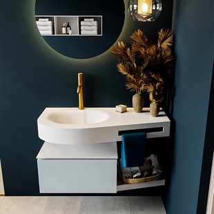 MONDIAZ RIVA 100cm badmeubel onderkast / planchet kleur Clay met 1 lade. Wastafel DULCET links 1 kraangat kleur Talc.