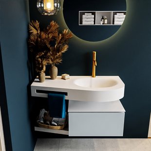 MONDIAZ RIVA 100cm badmeubel onderkast / planchet kleur Clay met 1 lade. Wastafel DULCET rechts 1 kraangat kleur Talc.