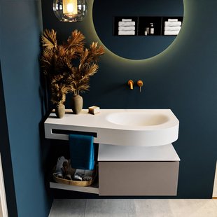 MONDIAZ RIVA 100cm badmeubel onderkast / planchet kleur Smoke met 1 lade. Wastafel DULCET rechts 0 kraangaten kleur Talc.