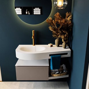MONDIAZ RIVA 100cm badmeubel onderkast / planchet kleur Smoke met 1 lade. Wastafel DULCET links 1 kraangat kleur Talc.