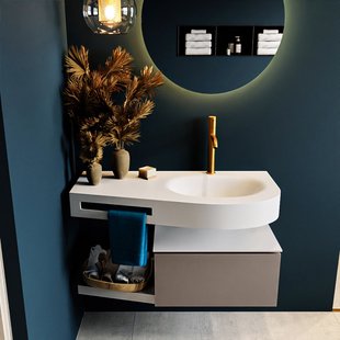 MONDIAZ RIVA 100cm badmeubel onderkast / planchet kleur Smoke met 1 lade. Wastafel DULCET rechts 1 kraangat kleur Talc.