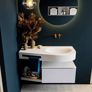 MONDIAZ RIVA 100cm badmeubel onderkast / planchet kleur Cale met 1 lade. Wastafel DULCET rechts 0 kraangaten kleur Talc.