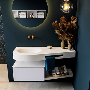 MONDIAZ RIVA 120cm badmeubel onderkast / planchet kleur Cale met 1 lade. Wastafel DULCET links 0 kraangaten kleur Talc.