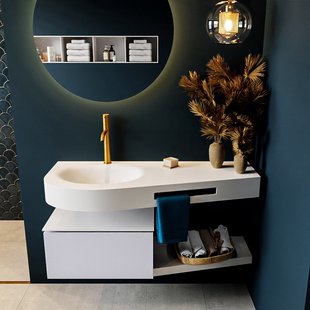 MONDIAZ RIVA 120cm badmeubel onderkast / planchet kleur Cale met 1 lade. Wastafel DULCET links 1 kraangat kleur Talc.