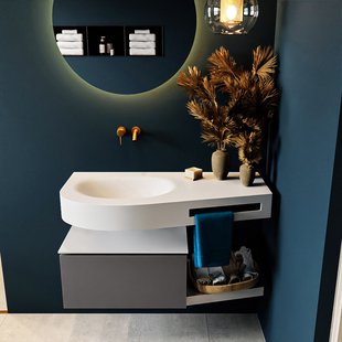 MONDIAZ RIVA 100cm badmeubel onderkast / planchet kleur Dark_Grey met 1 lade. Wastafel DULCET links 0 kraangaten kleur Talc.