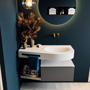 MONDIAZ RIVA 100cm badmeubel onderkast / planchet kleur Dark_Grey met 1 lade. Wastafel DULCET rechts 0 kraangaten kleur Talc.