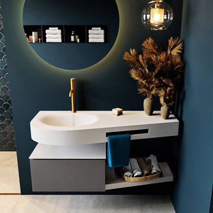 MONDIAZ RIVA 120cm badmeubel onderkast / planchet kleur Dark_Grey met 1 lade. Wastafel DULCET links 1 kraangat kleur Talc.
