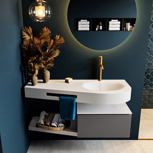 MONDIAZ RIVA 120cm badmeubel onderkast / planchet kleur Dark_Grey met 1 lade. Wastafel DULCET rechts 1 kraangat kleur Talc.