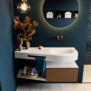 MONDIAZ RIVA 120cm badmeubel onderkast / planchet kleur Rust met 1 lade. Wastafel DULCET rechts 0 kraangaten kleur Talc.