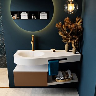 MONDIAZ RIVA 120cm badmeubel onderkast / planchet kleur Rust met 1 lade. Wastafel DULCET links 1 kraangat kleur Talc.