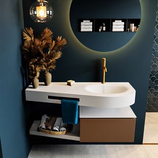 MONDIAZ RIVA 120cm badmeubel onderkast / planchet kleur Rust met 1 lade. Wastafel DULCET rechts 1 kraangat kleur Talc.