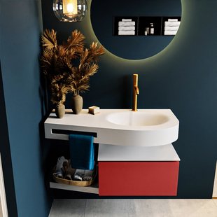 MONDIAZ RIVA 100cm badmeubel onderkast / planchet kleur Fire met 1 lade. Wastafel DULCET rechts 1 kraangat kleur Talc.