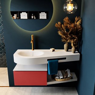 MONDIAZ RIVA 120cm badmeubel onderkast / planchet kleur Fire met 1 lade. Wastafel DULCET links 1 kraangat kleur Talc.