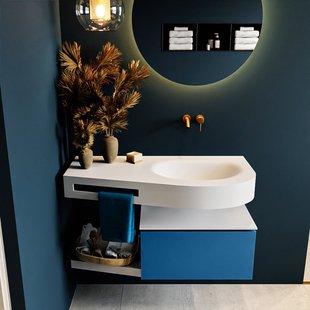 MONDIAZ RIVA 100cm badmeubel onderkast / planchet kleur Jeans met 1 lade. Wastafel DULCET rechts 0 kraangaten kleur Talc.