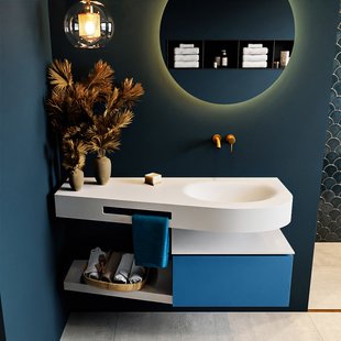 MONDIAZ RIVA 120cm badmeubel onderkast / planchet kleur Jeans met 1 lade. Wastafel DULCET rechts 0 kraangaten kleur Talc.