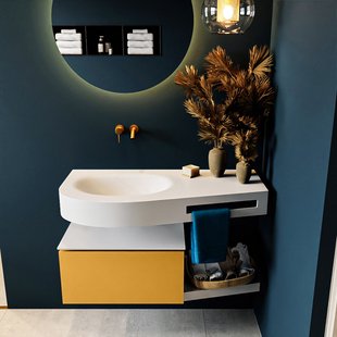 MONDIAZ RIVA 100cm badmeubel onderkast / planchet kleur Ocher met 1 lade. Wastafel DULCET links 0 kraangaten kleur Talc.