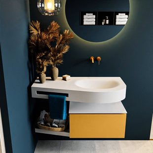 MONDIAZ RIVA 100cm badmeubel onderkast / planchet kleur Ocher met 1 lade. Wastafel DULCET rechts 0 kraangaten kleur Talc.