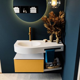 MONDIAZ RIVA 100cm badmeubel onderkast / planchet kleur Ocher met 1 lade. Wastafel DULCET links 1 kraangat kleur Talc.