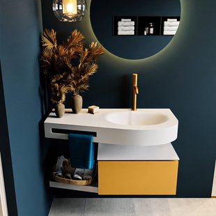MONDIAZ RIVA 100cm badmeubel onderkast / planchet kleur Ocher met 1 lade. Wastafel DULCET rechts 1 kraangat kleur Talc.