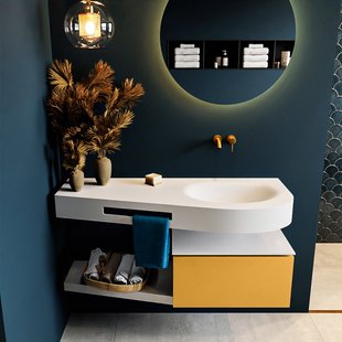 MONDIAZ RIVA 120cm badmeubel onderkast / planchet kleur Ocher met 1 lade. Wastafel DULCET rechts 0 kraangaten kleur Talc.