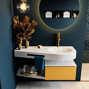 MONDIAZ RIVA 120cm badmeubel onderkast / planchet kleur Ocher met 1 lade. Wastafel DULCET rechts 1 kraangat kleur Talc.