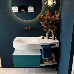 MONDIAZ RIVA 100cm badmeubel onderkast / planchet kleur Smag met 1 lade. Wastafel DULCET links 0 kraangaten kleur Talc.