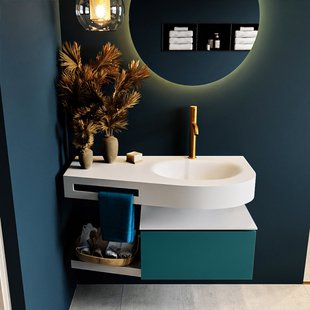 MONDIAZ RIVA 100cm badmeubel onderkast / planchet kleur Smag met 1 lade. Wastafel DULCET rechts 1 kraangat kleur Talc.