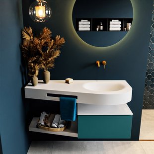 MONDIAZ RIVA 120cm badmeubel onderkast / planchet kleur Smag met 1 lade. Wastafel DULCET rechts 0 kraangaten kleur Talc.