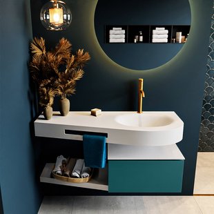 MONDIAZ RIVA 120cm badmeubel onderkast / planchet kleur Smag met 1 lade. Wastafel DULCET rechts 1 kraangat kleur Talc.