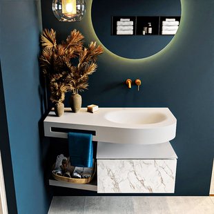 MONDIAZ RIVA 100cm badmeubel onderkast / planchet kleur carrara met 1 lade. Wastafel DULCET rechts 0 kraangaten kleur Talc.