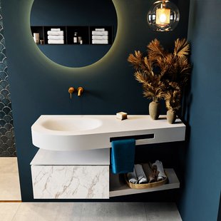 MONDIAZ RIVA 120cm badmeubel onderkast / planchet kleur carrara met 1 lade. Wastafel DULCET links 0 kraangaten kleur Talc.