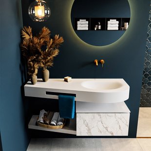 MONDIAZ RIVA 120cm badmeubel onderkast / planchet kleur carrara met 1 lade. Wastafel DULCET rechts 0 kraangaten kleur Talc.