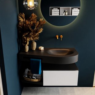 MONDIAZ RIVA 100cm badmeubel onderkast / planchet kleur Talc met 1 lade. Wastafel DULCET rechts 0 kraangaten kleur Urban.