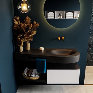 MONDIAZ RIVA 120cm badmeubel onderkast / planchet kleur Talc met 1 lade. Wastafel DULCET rechts 0 kraangaten kleur Urban.