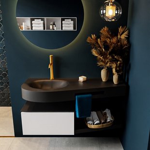 MONDIAZ RIVA 120cm badmeubel onderkast / planchet kleur Talc met 1 lade. Wastafel DULCET links 1 kraangat kleur Urban.