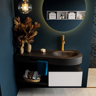 MONDIAZ RIVA 120cm badmeubel onderkast / planchet kleur Talc met 1 lade. Wastafel DULCET rechts 1 kraangat kleur Urban.