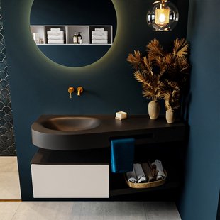 MONDIAZ RIVA 120cm badmeubel onderkast / planchet kleur Linen met 1 lade. Wastafel DULCET links 0 kraangaten kleur Urban.