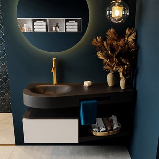 MONDIAZ RIVA 120cm badmeubel onderkast / planchet kleur Linen met 1 lade. Wastafel DULCET links 1 kraangat kleur Urban.