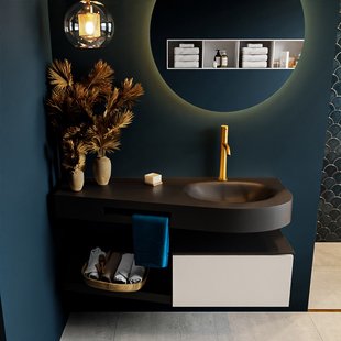 MONDIAZ RIVA 120cm badmeubel onderkast / planchet kleur Linen met 1 lade. Wastafel DULCET rechts 1 kraangat kleur Urban.