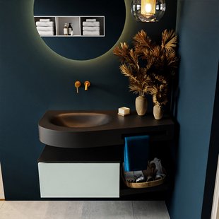 MONDIAZ RIVA 100cm badmeubel onderkast / planchet kleur Greey met 1 lade. Wastafel DULCET links 0 kraangaten kleur Urban.