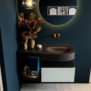 MONDIAZ RIVA 100cm badmeubel onderkast / planchet kleur Greey met 1 lade. Wastafel DULCET rechts 0 kraangaten kleur Urban.