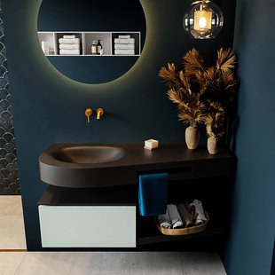 MONDIAZ RIVA 120cm badmeubel onderkast / planchet kleur Greey met 1 lade. Wastafel DULCET links 0 kraangaten kleur Urban.