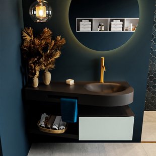 MONDIAZ RIVA 120cm badmeubel onderkast / planchet kleur Greey met 1 lade. Wastafel DULCET rechts 1 kraangat kleur Urban.