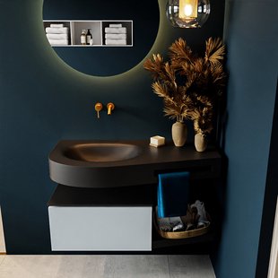 MONDIAZ RIVA 100cm badmeubel onderkast / planchet kleur Clay met 1 lade. Wastafel DULCET links 0 kraangaten kleur Urban.