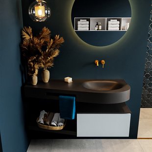 MONDIAZ RIVA 120cm badmeubel onderkast / planchet kleur Clay met 1 lade. Wastafel DULCET rechts 0 kraangaten kleur Urban.