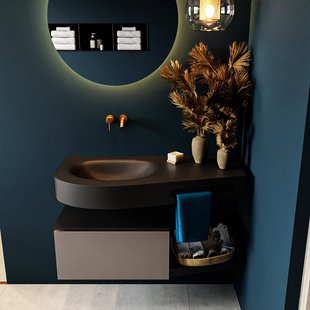MONDIAZ RIVA 100cm badmeubel onderkast / planchet kleur Smoke met 1 lade. Wastafel DULCET links 0 kraangaten kleur Urban.